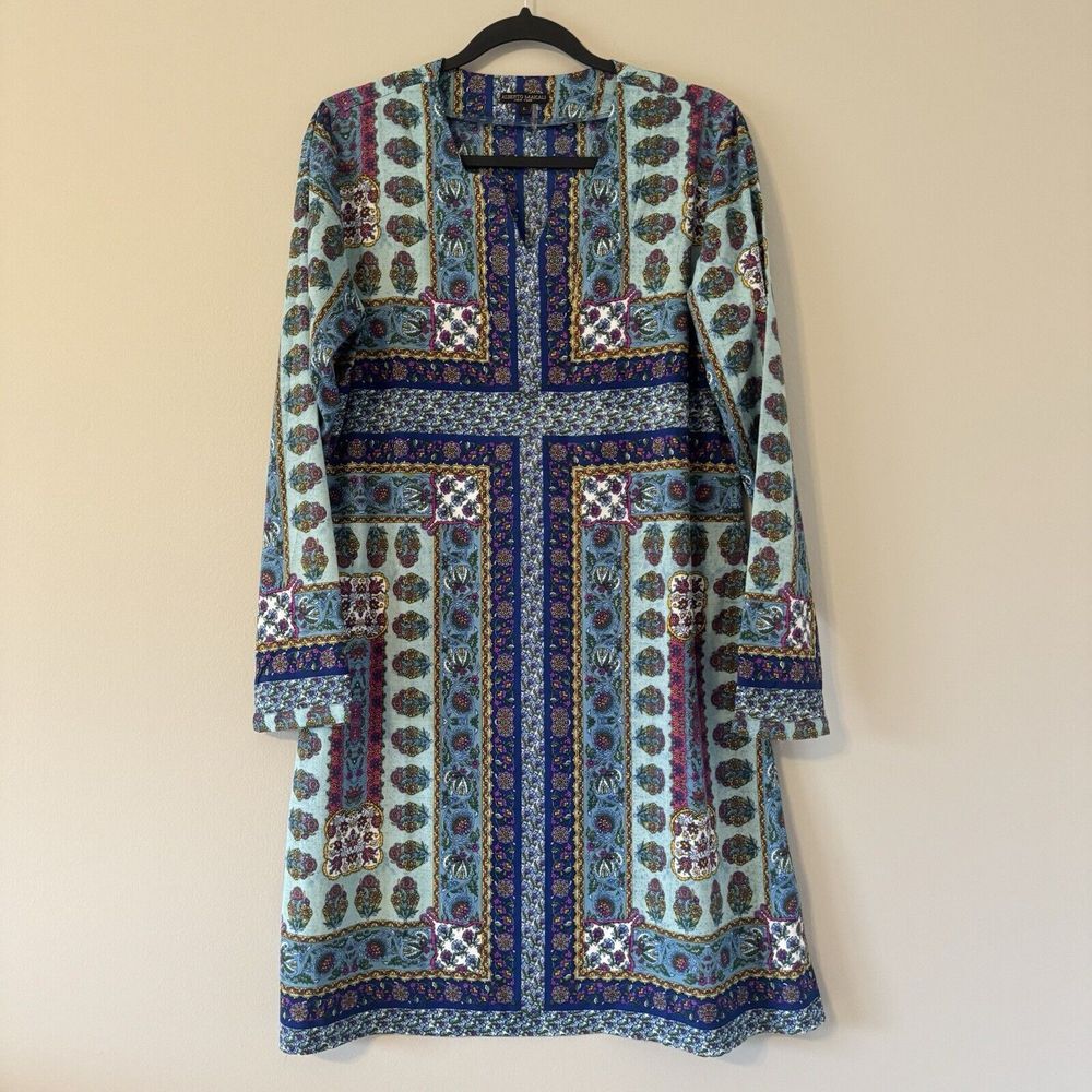 Alberto Makali‎ Large Blue Multicolor Floral Long Sleeve Lightweight Dress